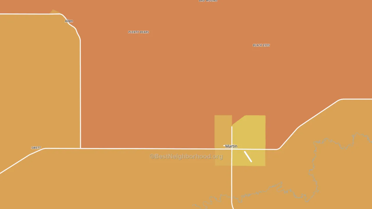 Map of the best neighborhoods in the Bennett County area, with better matches in green and worse matches in red