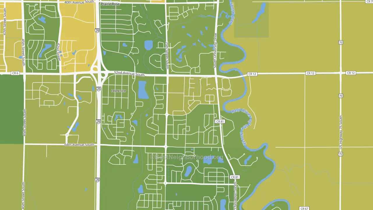 Map of the best neighborhoods in the Bennett, Fargo area, with better matches in green and worse matches in red