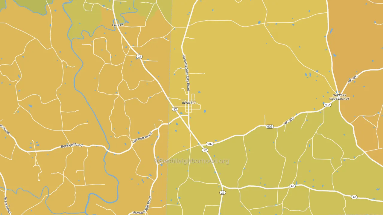 Map of the best neighborhoods in the Bennett area, with better matches in green and worse matches in red
