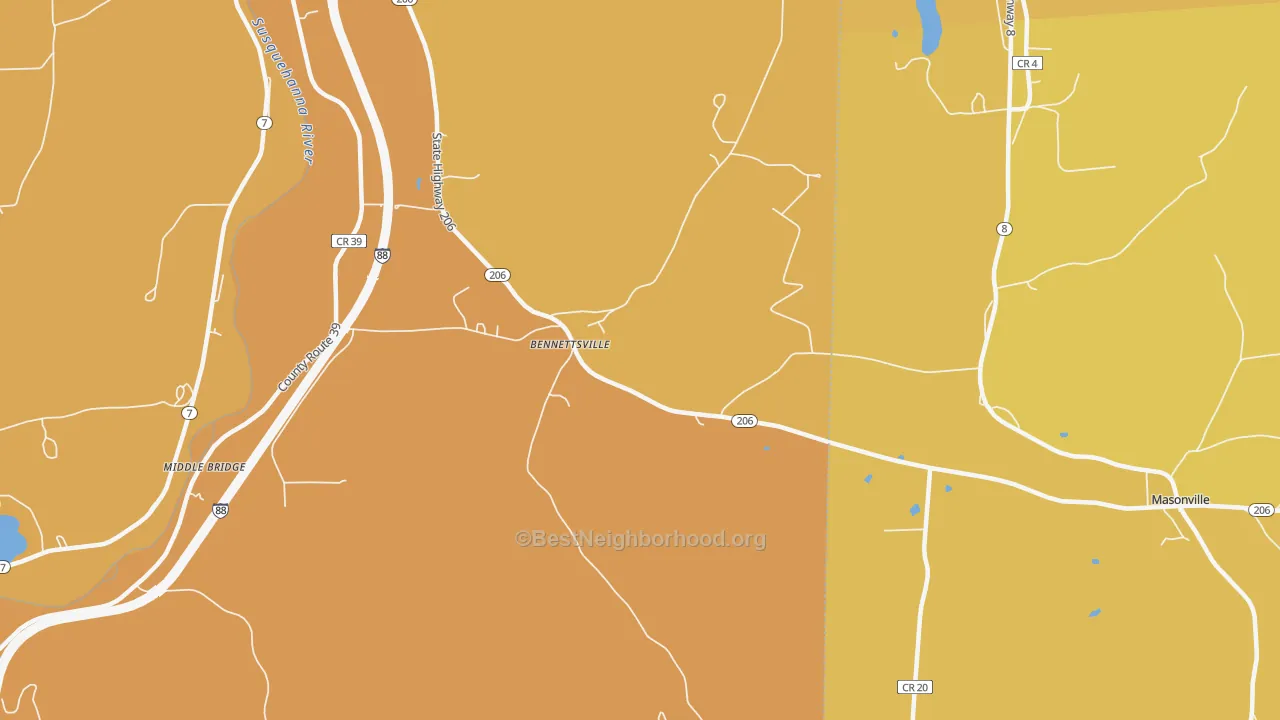 Map of the best neighborhoods in the Bennettsville area, with better matches in green and worse matches in red