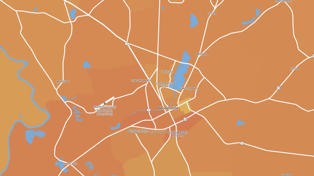 Map of the best neighborhoods in the Bennettsville area, with better matches in green and worse matches in red