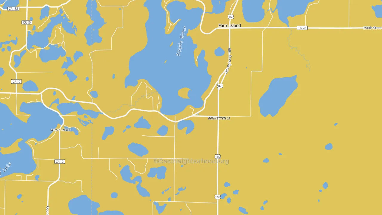 Map of the best neighborhoods in the Bennettville area, with better matches in green and worse matches in red
