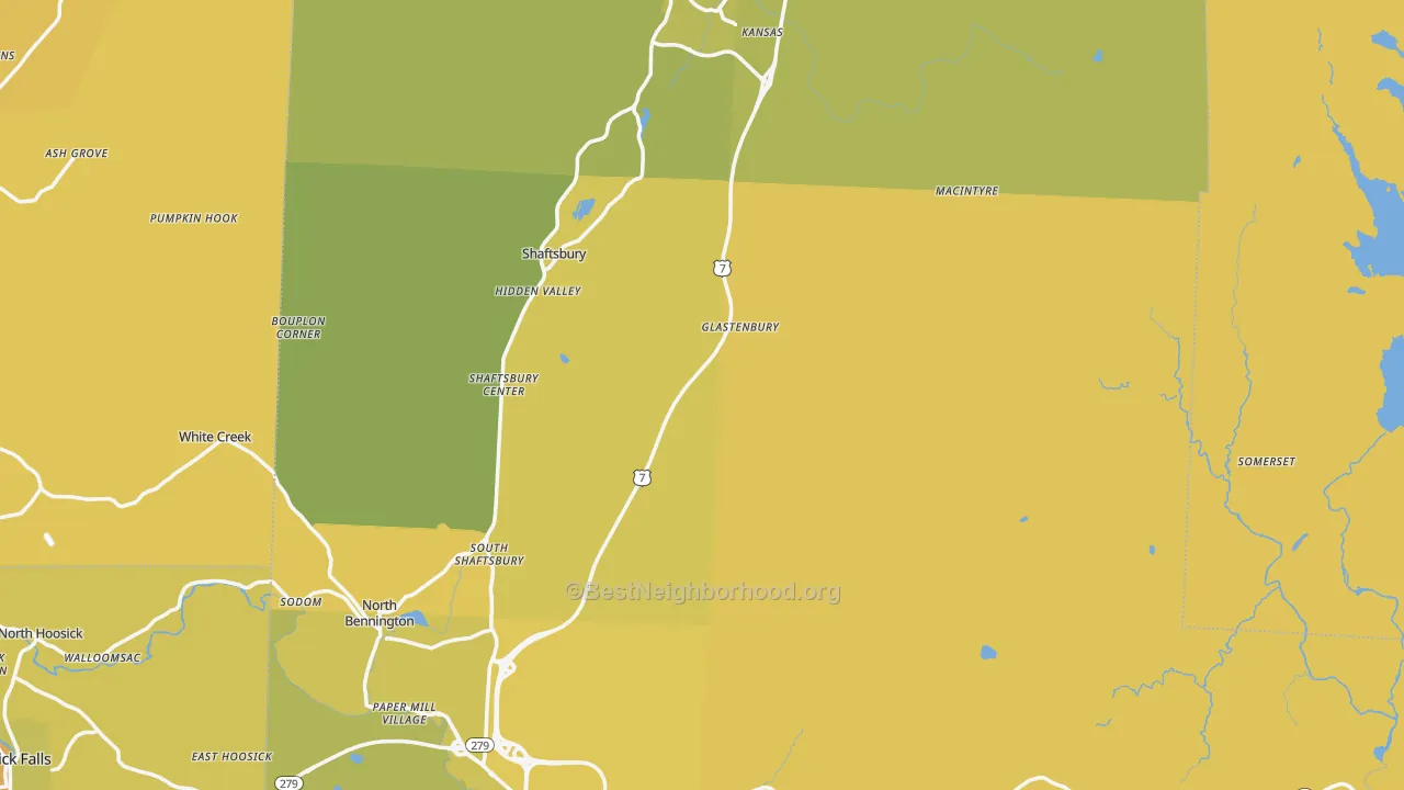 Map of the best neighborhoods in the Bennington County area, with better matches in green and worse matches in red