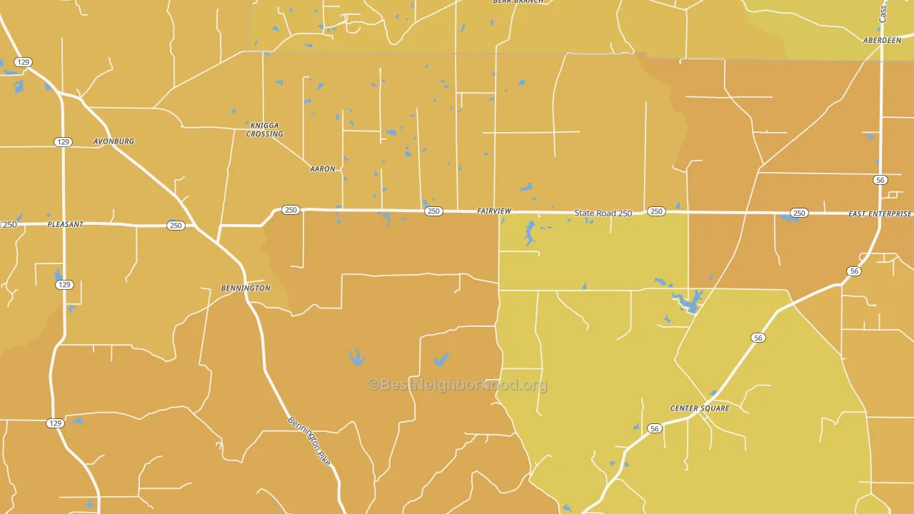 Map of the best neighborhoods in the Bennington area, with better matches in green and worse matches in red