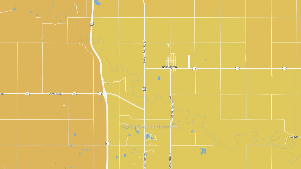Map of the best neighborhoods in the Bennington area, with better matches in green and worse matches in red
