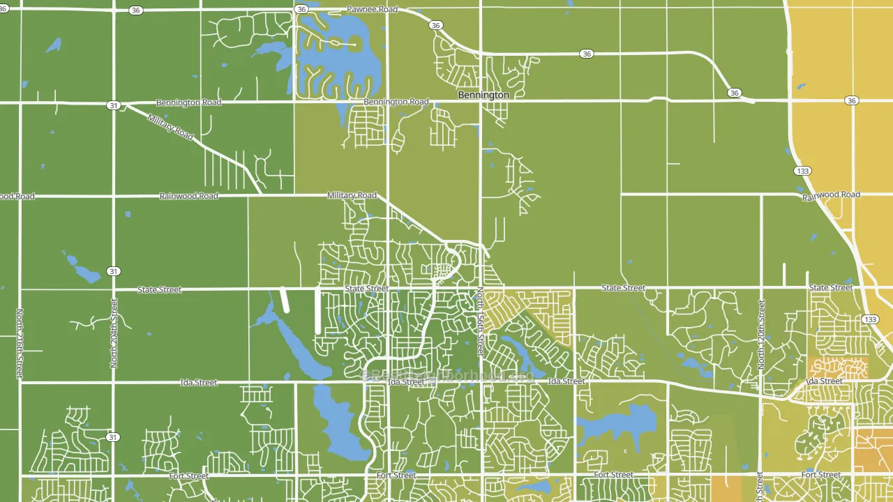 Map of the best neighborhoods in the Bennington area, with better matches in green and worse matches in red