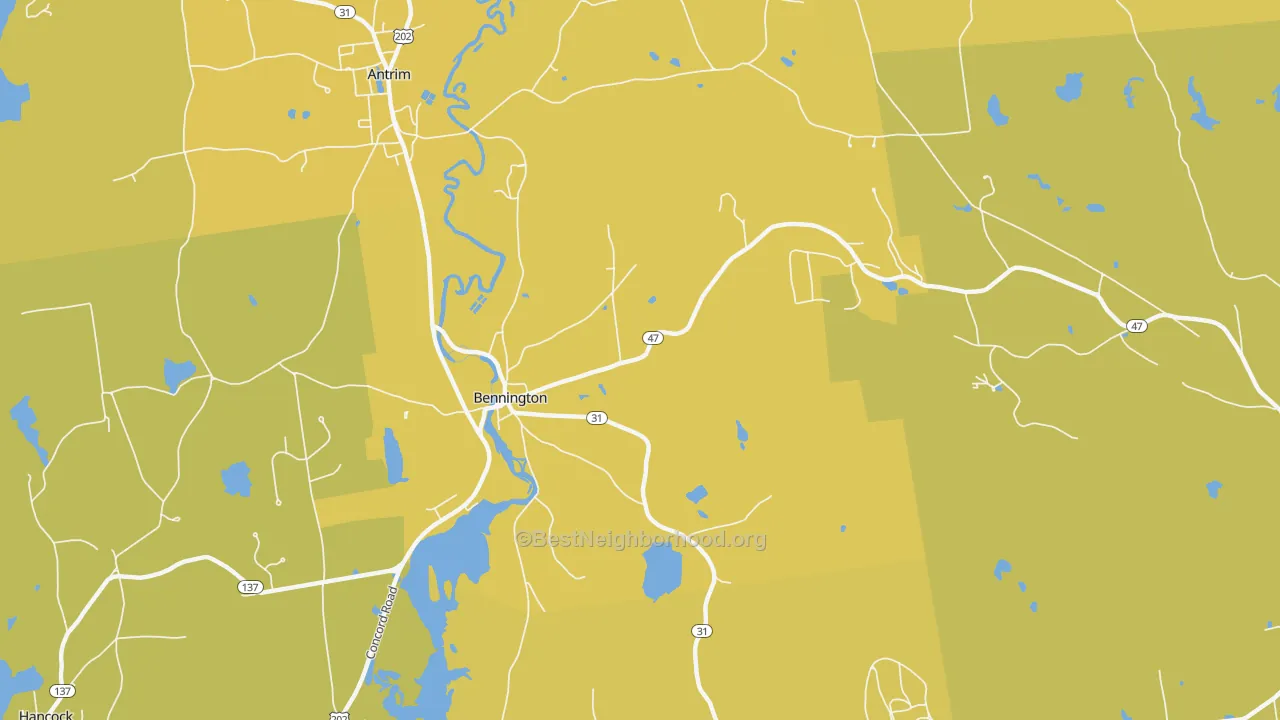 Map of the best neighborhoods in the Bennington area, with better matches in green and worse matches in red