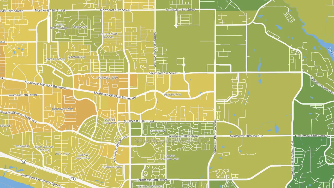 Map of the best neighborhoods in the Bennington, Vancouver area, with better matches in green and worse matches in red