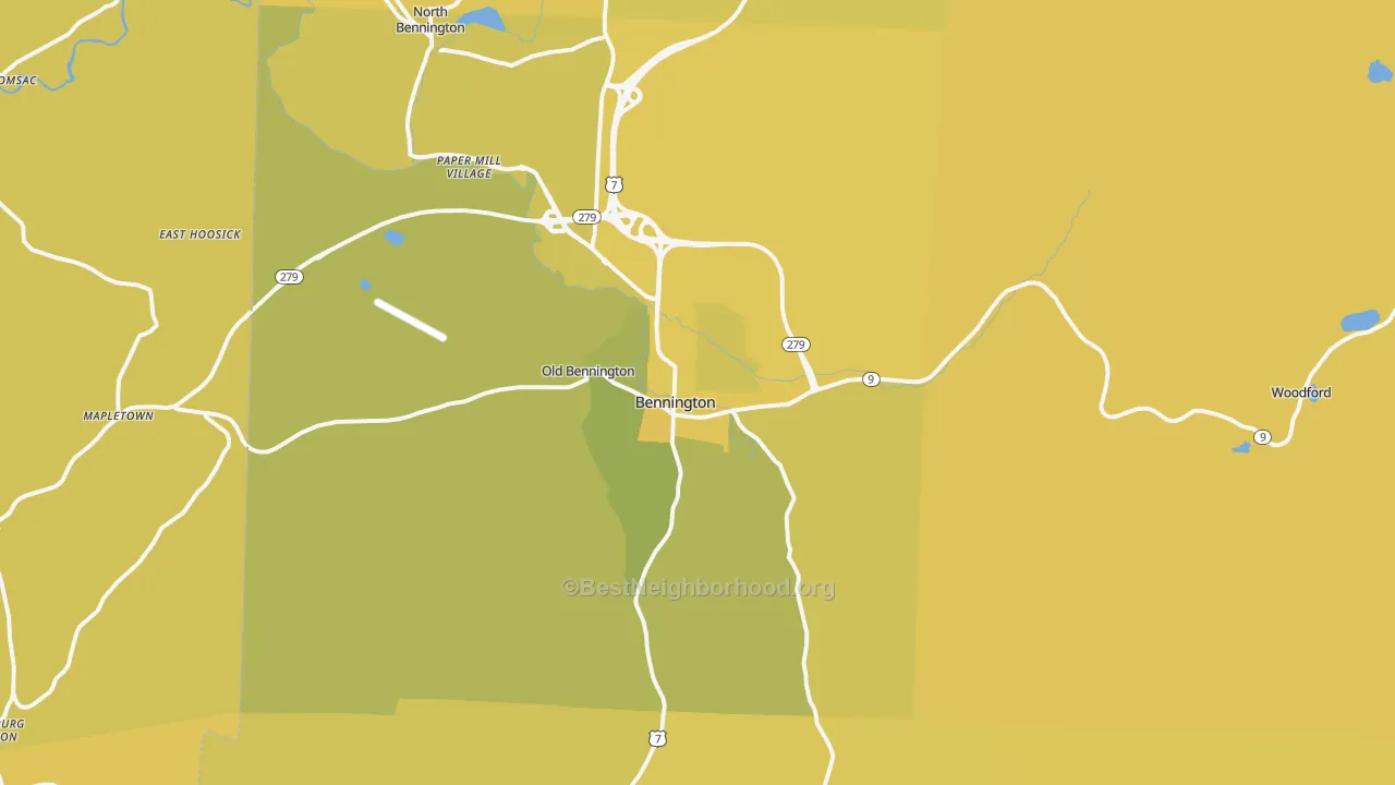 Map of the best neighborhoods in the Bennington area, with better matches in green and worse matches in red