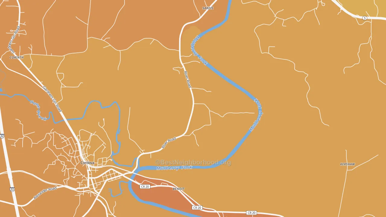 Map of the best neighborhoods in the Benoit area, with better matches in green and worse matches in red