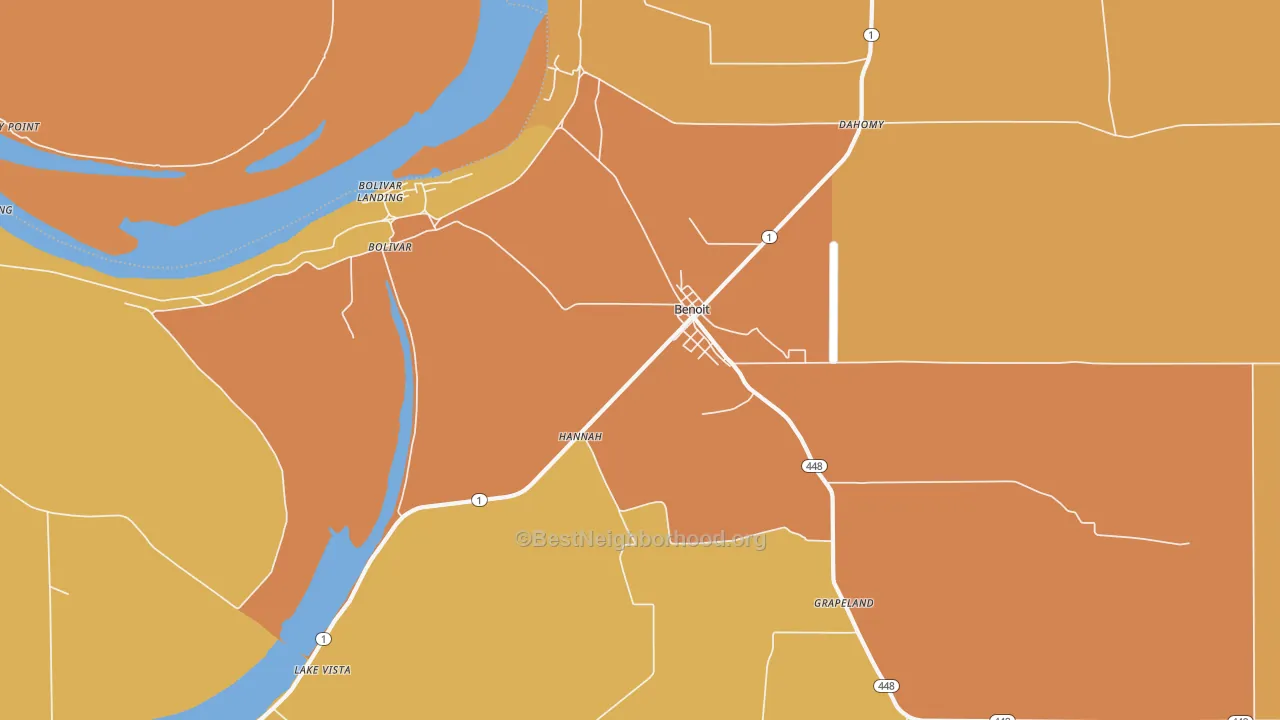 Map of the best neighborhoods in the Benoit area, with better matches in green and worse matches in red