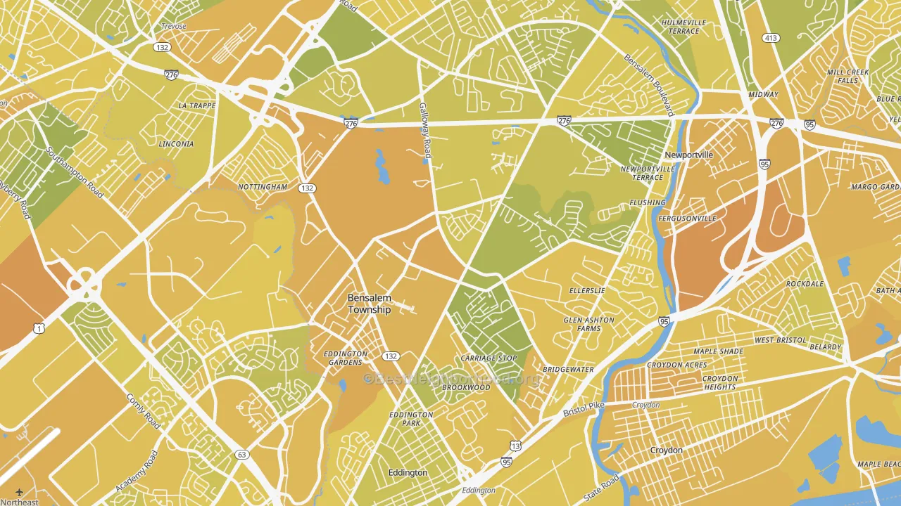 Map of the best neighborhoods in the Bensalem area, with better matches in green and worse matches in red