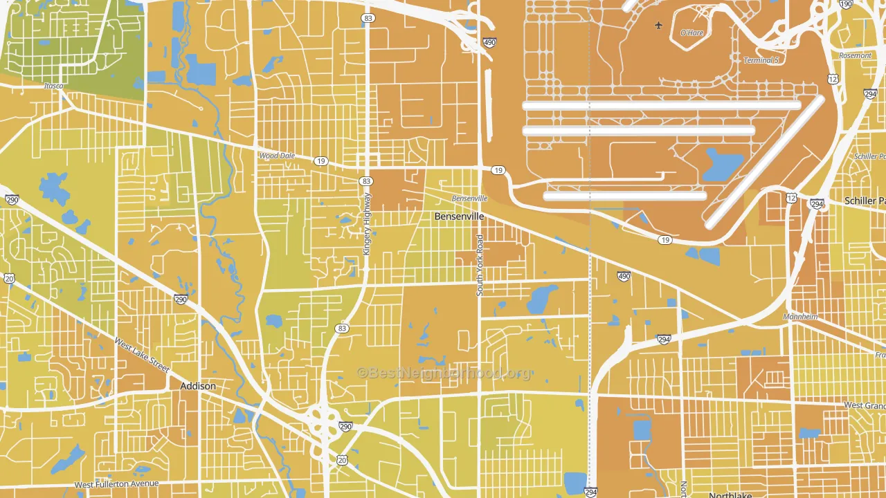 Map of the best neighborhoods in the Bensenville area, with better matches in green and worse matches in red