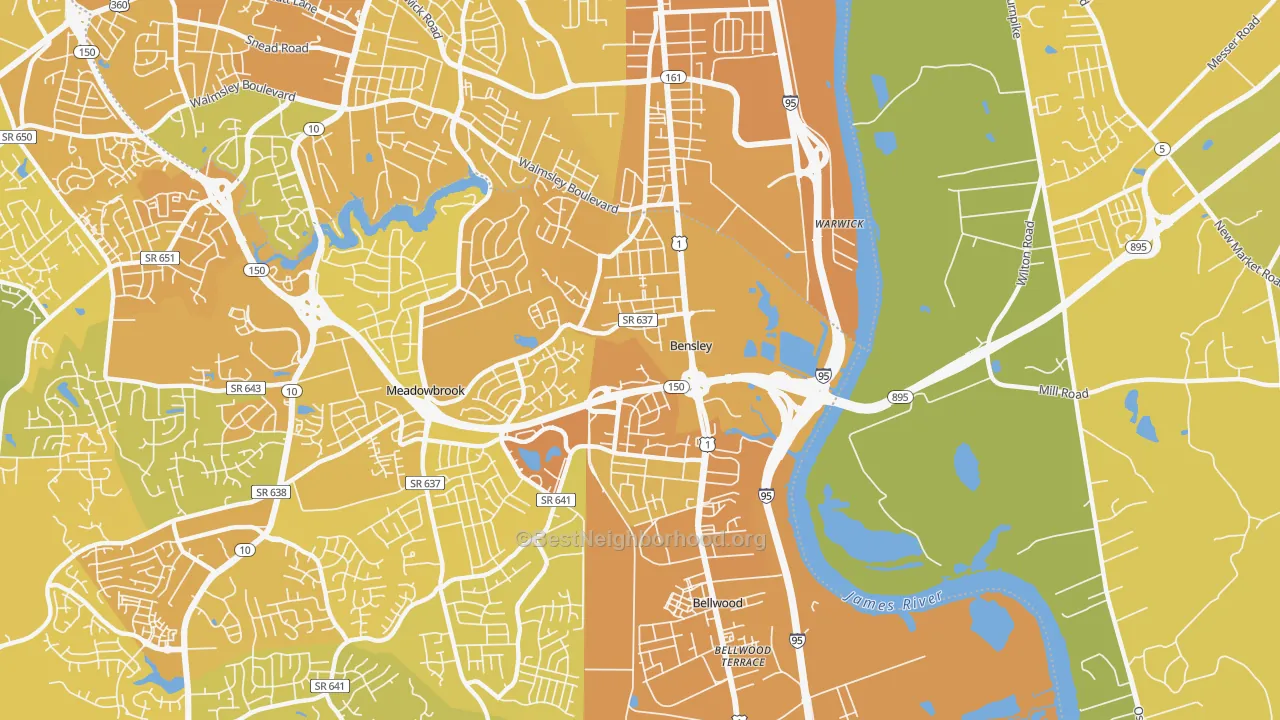 Map of the best neighborhoods in the Bensley area, with better matches in green and worse matches in red