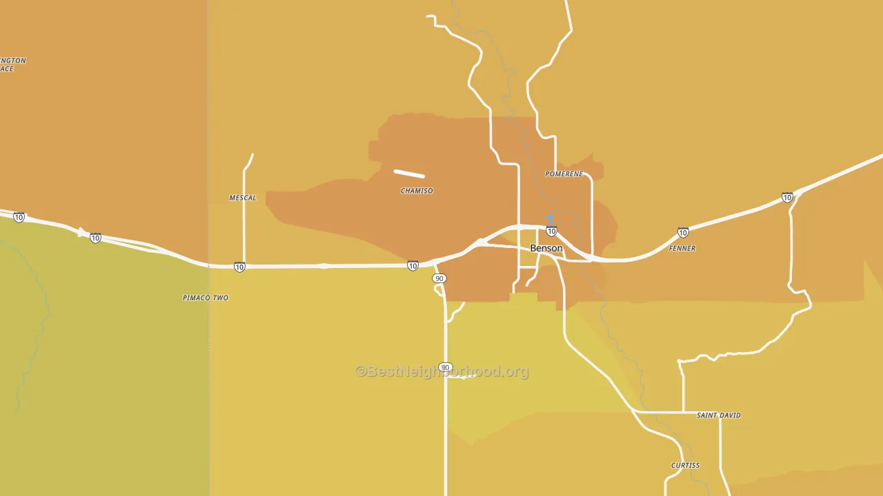 Map of the best neighborhoods in the Benson area, with better matches in green and worse matches in red