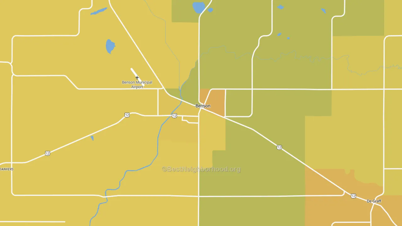 Map of the best neighborhoods in the Benson area, with better matches in green and worse matches in red