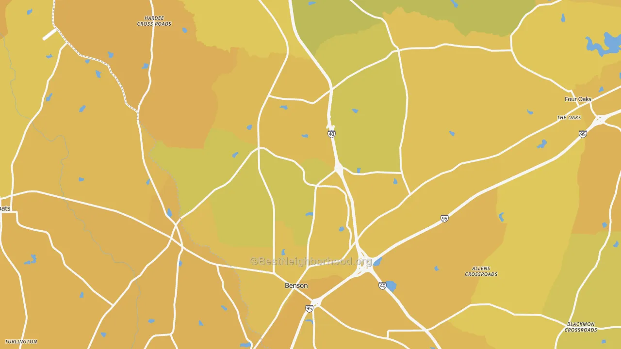 Map of the best neighborhoods in the Benson area, with better matches in green and worse matches in red