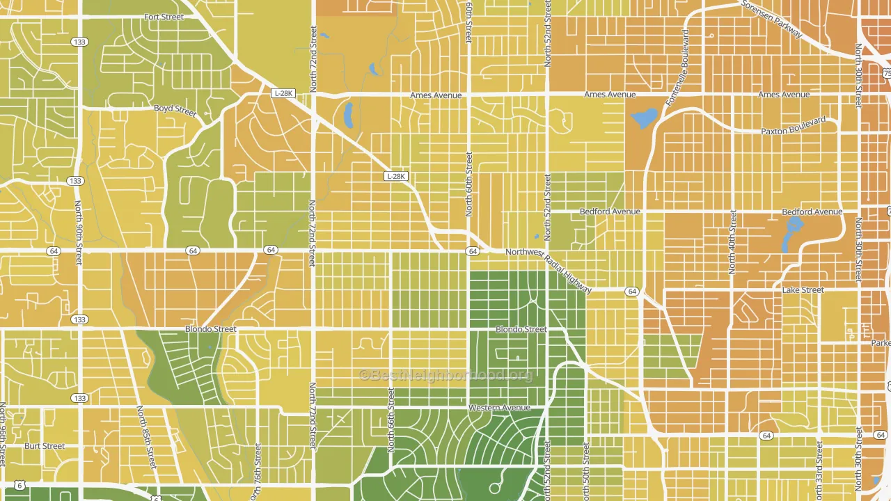 Map of the best neighborhoods in the Benson, Omaha area, with better matches in green and worse matches in red