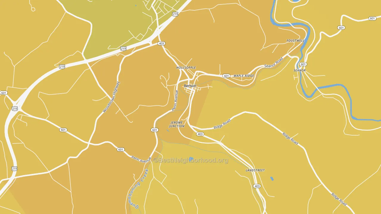 Map of the best neighborhoods in the Benson area, with better matches in green and worse matches in red