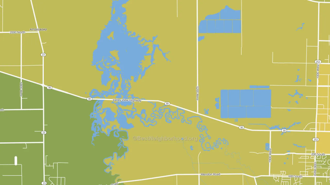 Map of the best neighborhoods in the Benson area, with better matches in green and worse matches in red