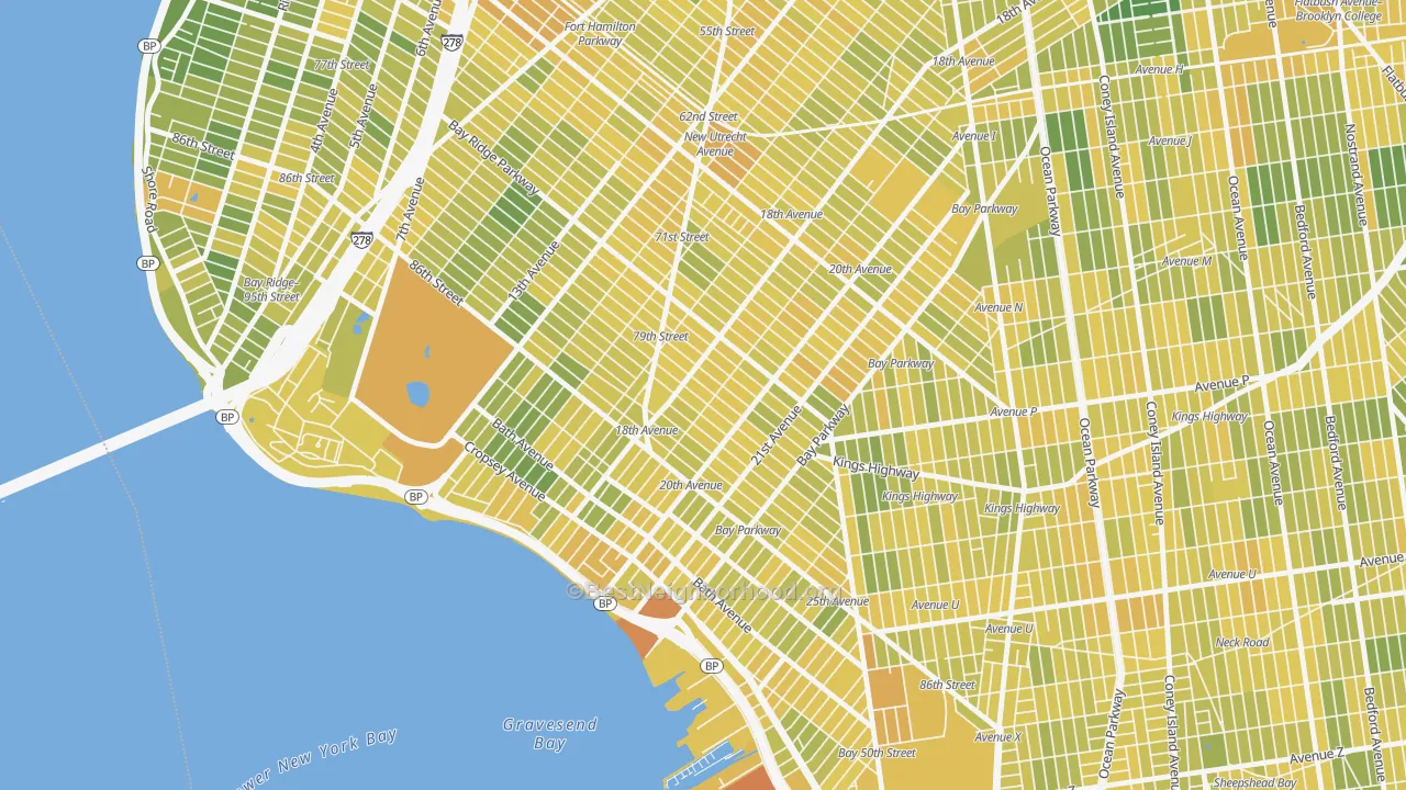 Map of the best neighborhoods in the Bensonhurst, Brooklyn area, with better matches in green and worse matches in red