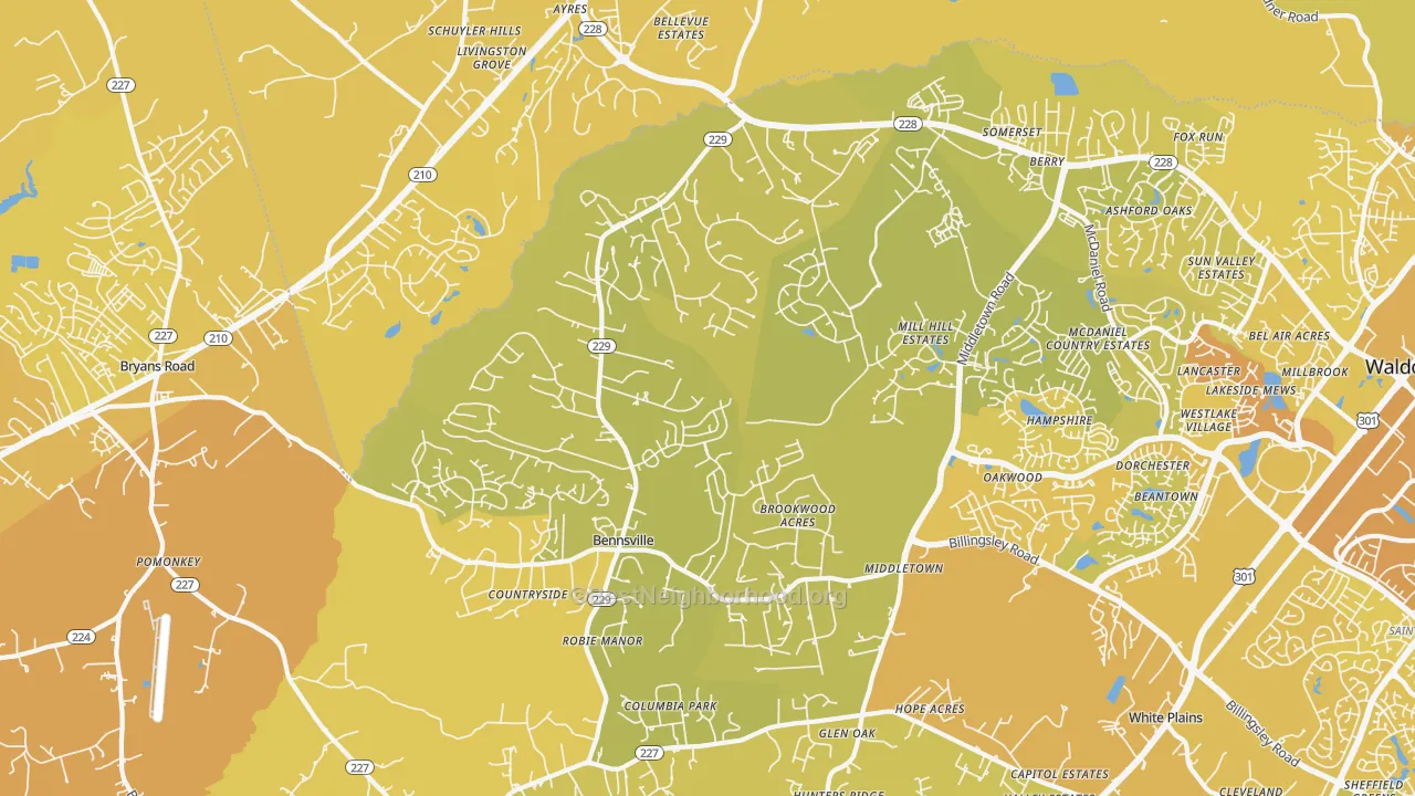 Map of the best neighborhoods in the Bensville, Waldorf area, with better matches in green and worse matches in red