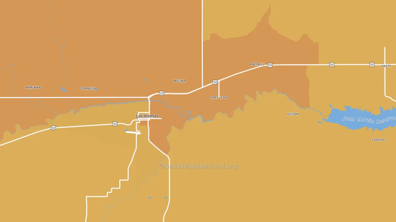 Map of the best neighborhoods in the Bent County area, with better matches in green and worse matches in red