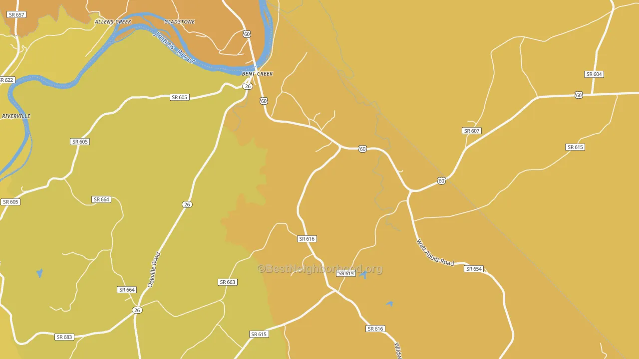 Map of the best neighborhoods in the Bent Creek area, with better matches in green and worse matches in red
