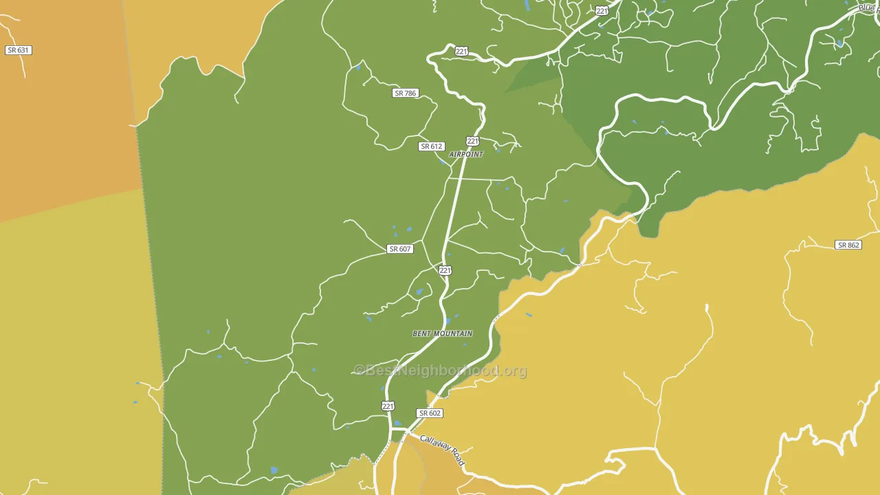 Map of the best neighborhoods in the Bent Mountain area, with better matches in green and worse matches in red