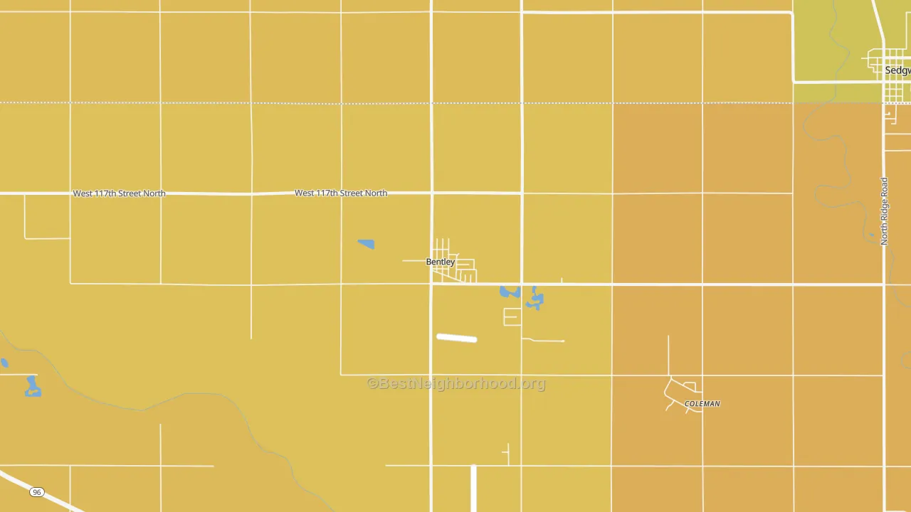 Map of the best neighborhoods in the Bentley area, with better matches in green and worse matches in red