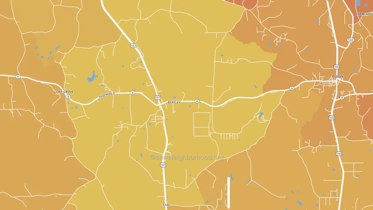 Map of the best neighborhoods in the Bentley area, with better matches in green and worse matches in red