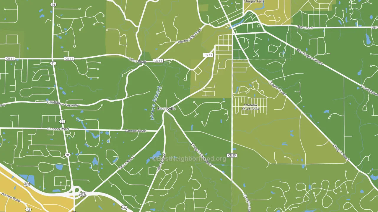 Map of the best neighborhoods in the Bentleyville area, with better matches in green and worse matches in red