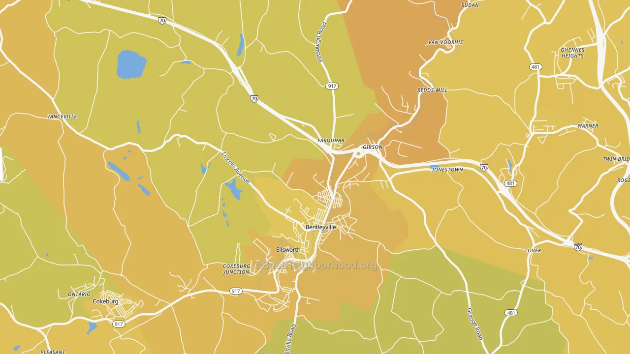 Map of the best neighborhoods in the Bentleyville area, with better matches in green and worse matches in red
