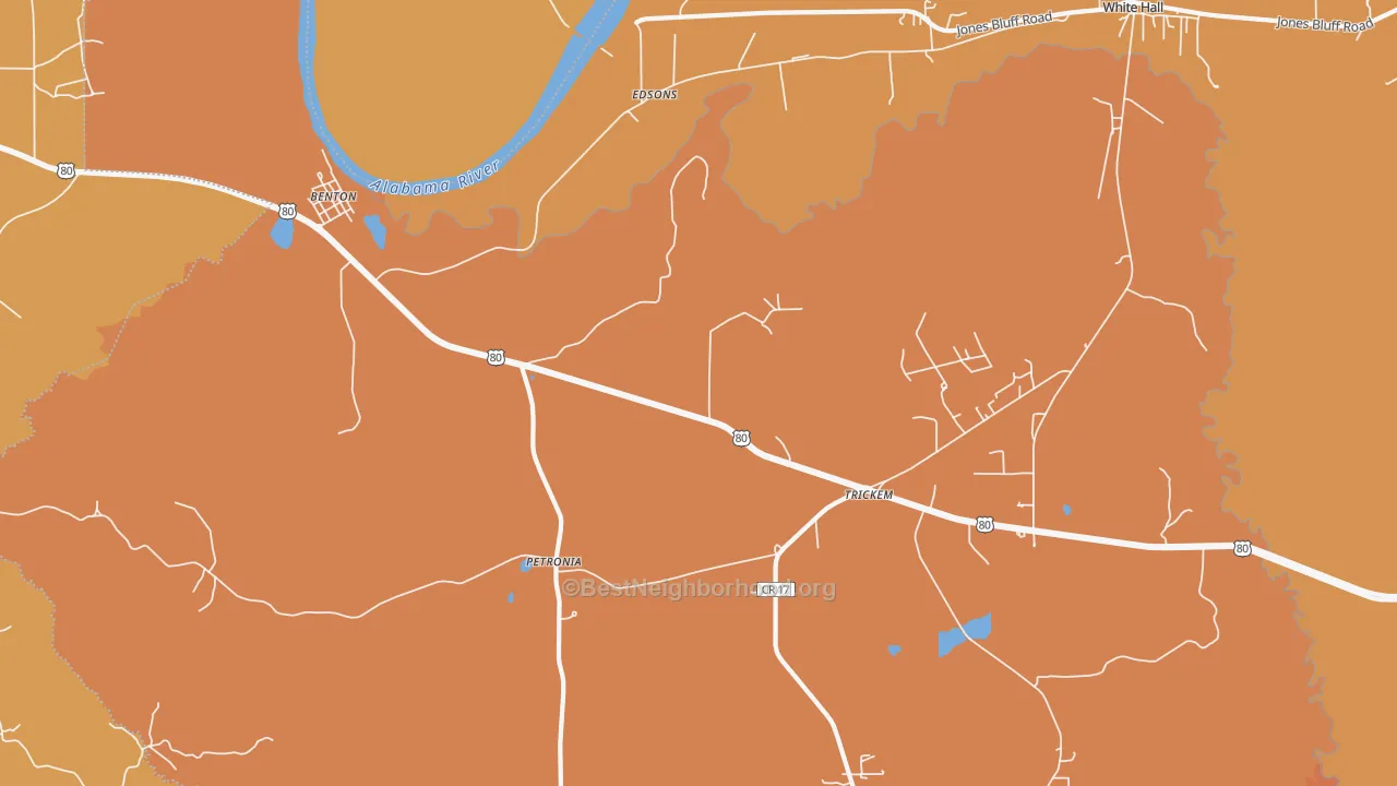 Map of the best neighborhoods in the Benton area, with better matches in green and worse matches in red