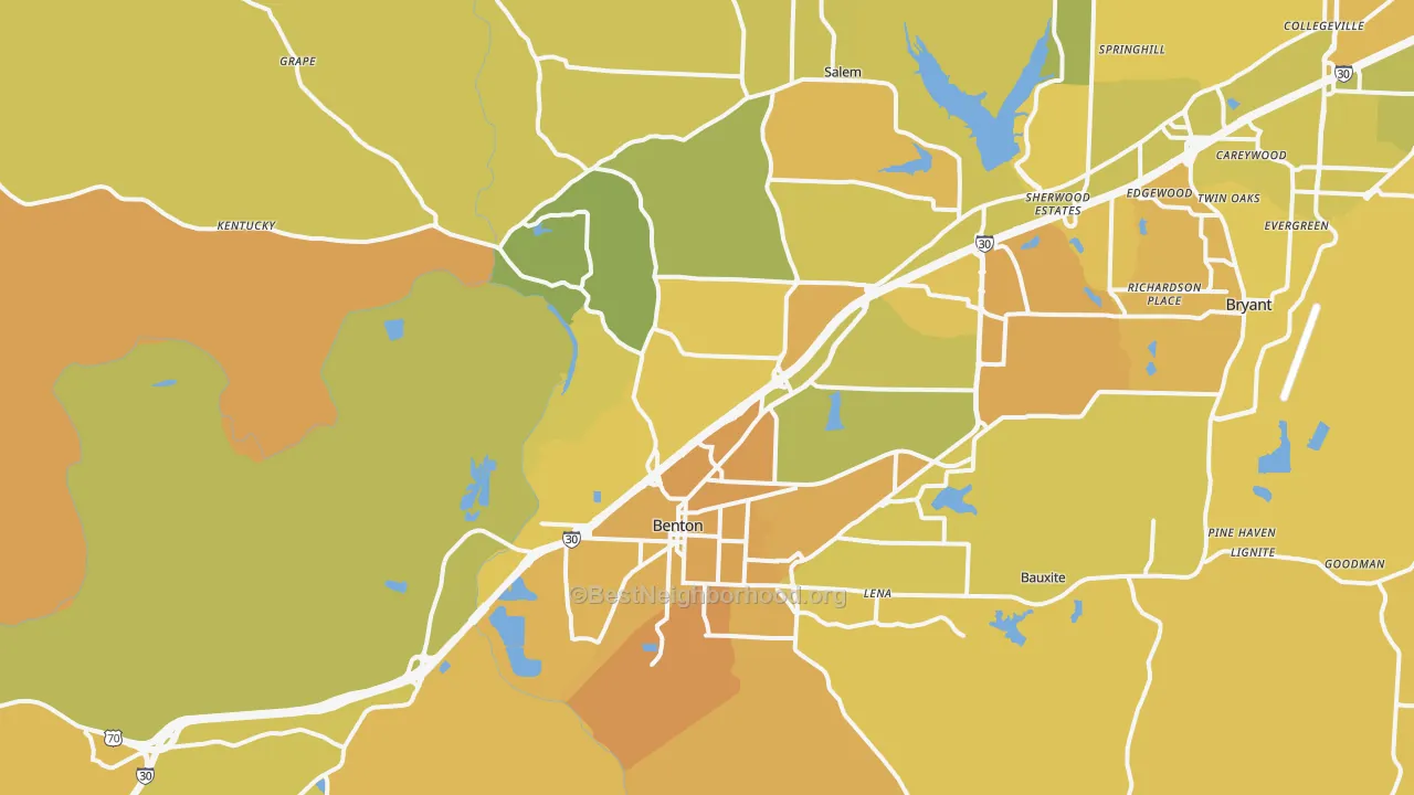 Map of the best neighborhoods in the Benton area, with better matches in green and worse matches in red