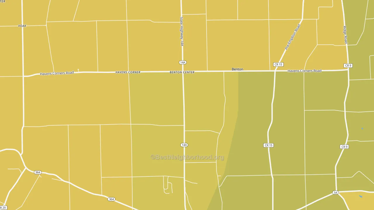Map of the best neighborhoods in the Benton Center area, with better matches in green and worse matches in red