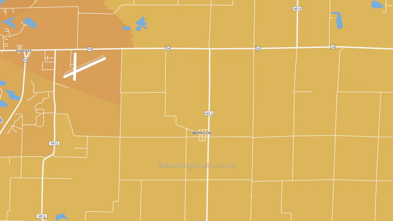 Map of the best neighborhoods in the Benton City area, with better matches in green and worse matches in red