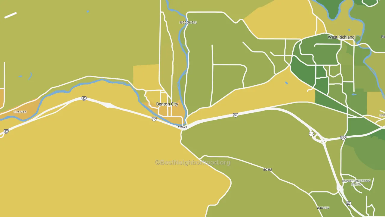 Map of the best neighborhoods in the Benton City area, with better matches in green and worse matches in red