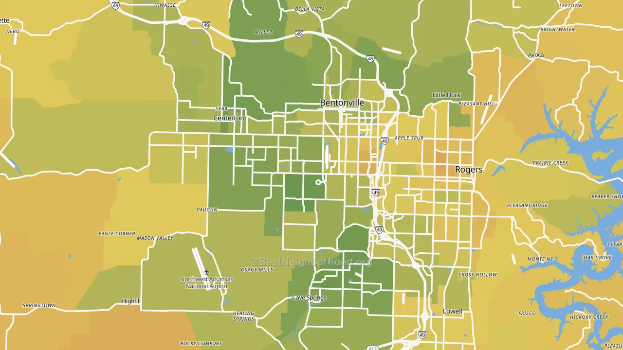 Map of the best neighborhoods in the Benton County area, with better matches in green and worse matches in red