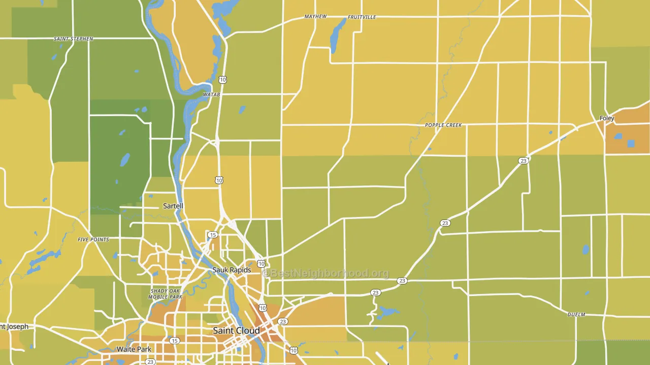 Map of the best neighborhoods in the Benton County area, with better matches in green and worse matches in red