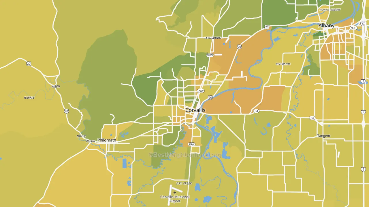 Map of the best neighborhoods in the Benton County area, with better matches in green and worse matches in red