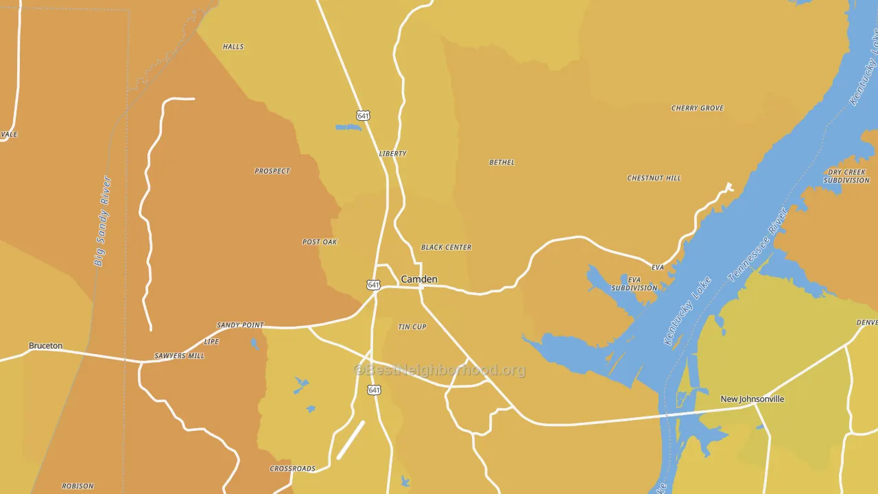 Map of the best neighborhoods in the Benton County area, with better matches in green and worse matches in red