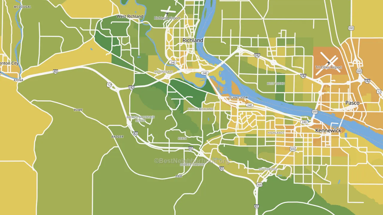 Map of the best neighborhoods in the Benton County area, with better matches in green and worse matches in red
