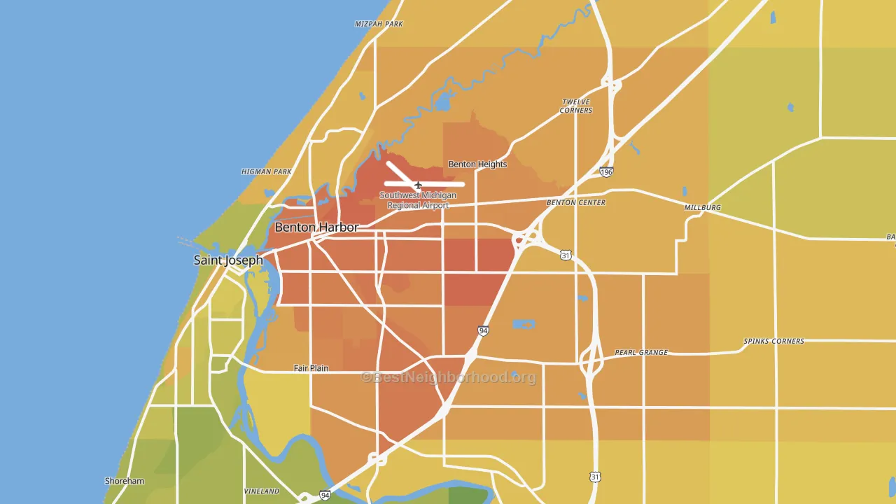 Map of the best neighborhoods in the Benton Harbor area, with better matches in green and worse matches in red