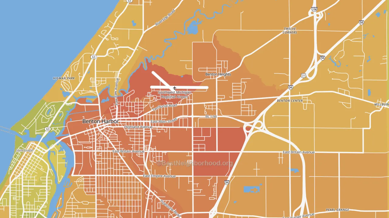 Map of the best neighborhoods in the Benton Heights area, with better matches in green and worse matches in red