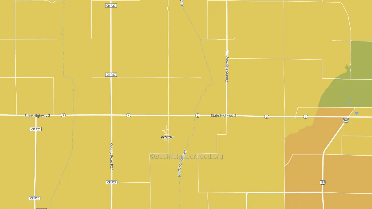 Map of the best neighborhoods in the Benton area, with better matches in green and worse matches in red