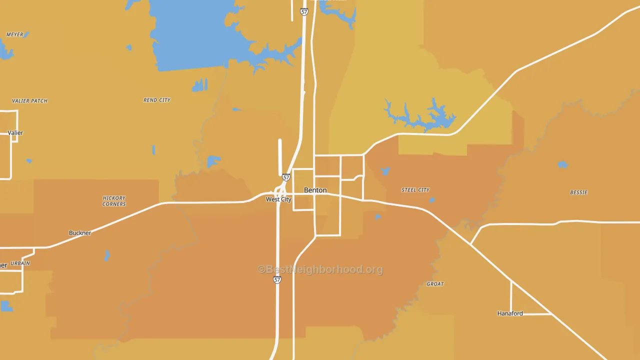 Map of the best neighborhoods in the Benton area, with better matches in green and worse matches in red