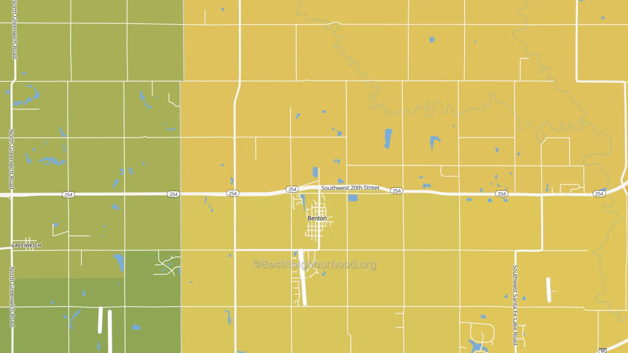 Map of the best neighborhoods in the Benton area, with better matches in green and worse matches in red