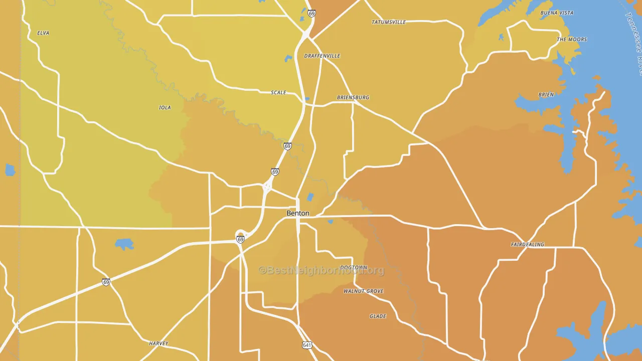 Map of the best neighborhoods in the Benton area, with better matches in green and worse matches in red