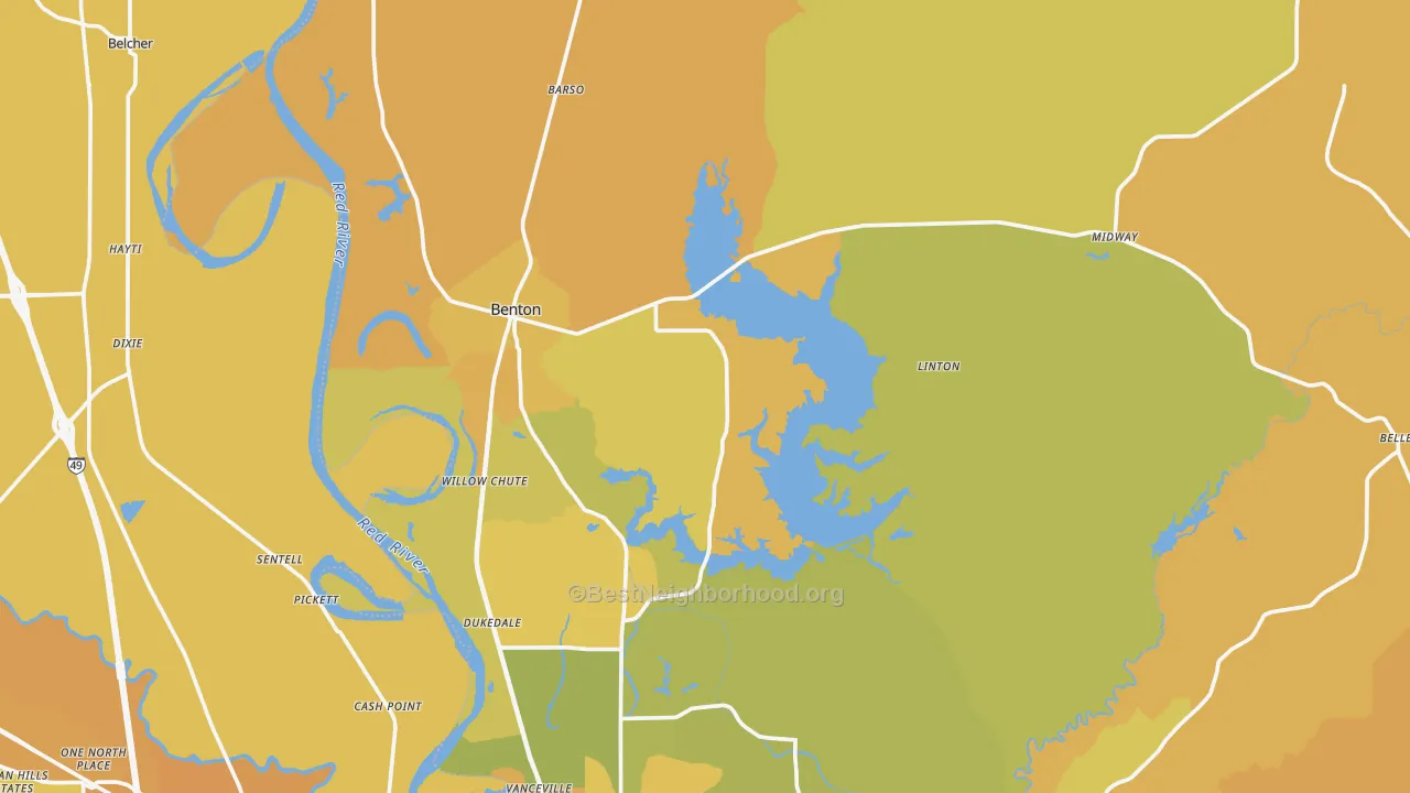 Map of the best neighborhoods in the Benton area, with better matches in green and worse matches in red